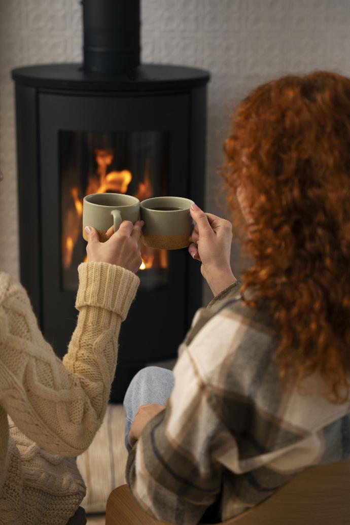 Femmes devant un poêle à bois